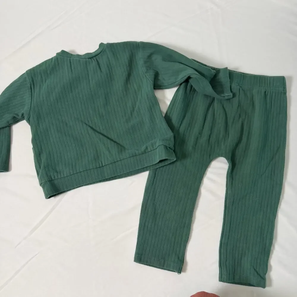 Disney Baby Mickey & Friends Green Ribbed Neutral Matching Set Sz 18 mo